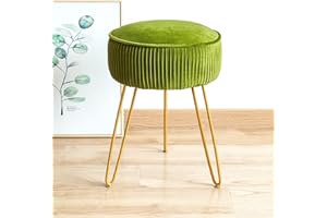 LUE BONA Pleated Vanity Stool, Velvet Upholstered Vanity for Makeup Room, Round Mondern Stool for Vanity, Ottoman Footrest with Metal Legs for Living Room, Bedroom, Matcha Green