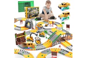 COROIESTY Autorennbahn ab 3 4 5 6 7 8 Jahre, 264 Stück 5 Cars Bagger Spielzeug Autorennbahn Rennbahn 2 Glow Elektroautos,3 Bauwagen,Flexibles DIY Gleis-Set Flexible Track Kran Spiele (Rennbahn)