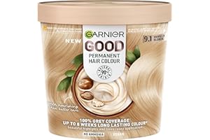 Garnier GOOD Permanent Hair Dye, 9.1 Vanilla Blonde. Delivers 100% grey coverage and 8-week colour. No ammonia, vegan shea butter formula for vibrant, luminous blonde on all hair types.