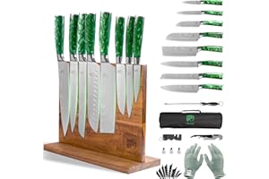 FULLHI Juego de 15 Cuchillos Japoneses con Portacuchillos Magnético, Hojas de Acero Inoxidable Japonés, Mangos Ergonómicos de Resina Verde para Cocina Profesional y Casera