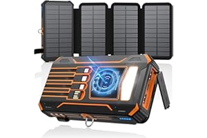SOARAISE Wireless Solar Power Bank 27000 mAh - Portable Solar Charger with 4 Cables and 4 Solar Panels - 15 W Quick Charge External Battery Power Bank with LED Torch for Outdoor Camping (Orange)