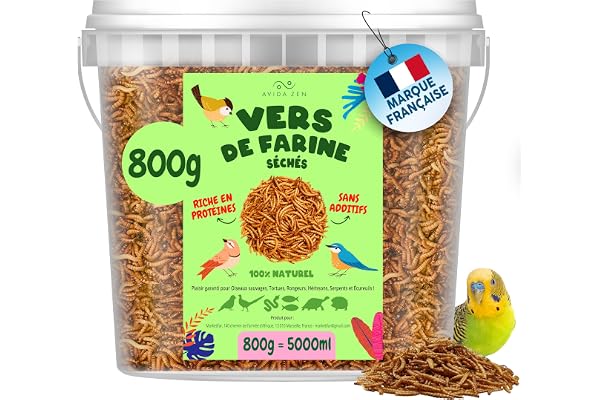 AVIDA ZEN vers de Farine Séchés 800g - 5L de friandises - Aliment Naturel Riche pour Poissons, Oiseaux, Tortues, Hérissons, Rongeurs et Reptiles - Nourriture Animale Séchée