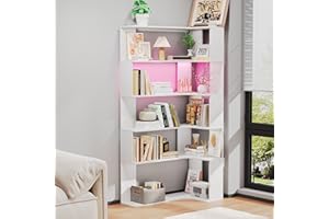 Ztexkee Corner Shelf 5 Tiers 169cm Bookcase Tall Corner Bookshelf L-Shaped Bookcases Book Shelf with 2 m RGB Light Strip Storage Shelving Units for Living Room Bedroom Office White