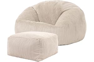 Icon Kingston Pouf Velours Côtelé avec Tabouret, Pouf Poire avec Remplissage, Fauteuil Salon Confortable, Fauteuil Chambre, Meuble Salon, Decoration Chambre, Beige