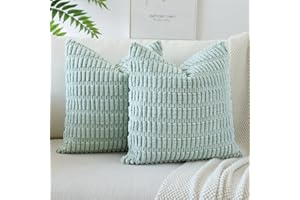 JOTOM Pack of 2 Corduroy Soft Striped Cushion Covers 40x40 cm 16x16 Inch Boho Decorative Throw Pillow Covers Square Cushion Case Home Decor Pillowcase for Couch Sofa Living Room Bed (Light Blue Green)