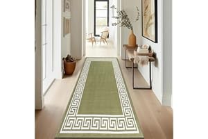 renoazul® Hallway Runner Rug - Non Slip Carpet Runner for Kitchen, Hall and Entrance - Washable Anti Fatigue Mat 66 x 220 cm - Greeky - Green and Cream Rug