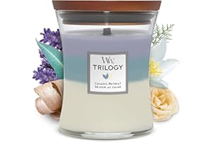 Candela profumata WoodWick con stoppino scoppiettante | Candela Trilogy a clessidra media Rifugio di pace| Candele profumate a lunga combustione: Fino a 130 ore | Il regalo perfetto per le donne