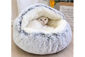 FASHION FATEEK Round Fluffy Cat Cave - Soft Cozy Plush Hooded Bed With Non-Slip Bottom, Washable Igloo for Kittens and Puppies (Grey, 50cm)