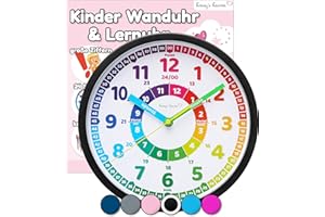 ‎HONEY'S HEAVEN Honey's Heaven Wanduhr für Kinder - Lernuhr zum Lernen der Uhrzeit - analoge Kinderuhr ohne Tick Geräusche, mit lautlosem Uhrwerk - Kinderzimmer Deko für Jungen und Mädchen (schwarz)