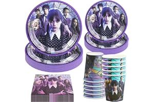 Hmfmdy Wednesday Partygeschirr Set, 50 Stück Wednesday Party Deko, Wednesdays Geburtstag Geschirr Kit, Mit Pappteller Becher Servietten, Kindergeburtstag Party Geschirr Supplies für 10 Gäste