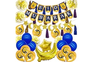 WINRIC Eid Mubarak Party Decorations Set, Eid Mubarak Letter Balloon Banner Star Moon Foil Balloon Black Gold Latex Balloons Ramadan Decorations for Eid Mubarak Themed Party