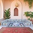 SPIRIT HOME INTERIORS Moroccan Floor Sofa, Arabic Style Majlis Seating Set With Matching Rug And Pouffe Blue Bohemian Floor Cushions - Sofa - Rug - Pouffe