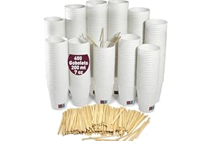 GOBECUPS 400 Gobelets en Carton Jetable de 200 ml / 7 blanc oz avec Agitateurs en Bois pour Café et Autres Boissons, verres carton jetables