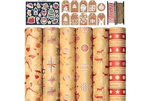 FullJoyHut 6 Carta da Regalo Natalizio Kraft Vintage 70X50CM, tra cui 10 Etichette Regalo Natale Carta Kraft, 12 Adesivi Natalizia, 2 Rotolo Corde Luta Lino Cotone per Confezione Regalo Natale