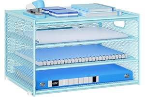 Marbrasse Desk Organiser,4 Tier Mesh Letter Tray with Handle,Magazine File Holder,Letter Paper Document Storage Rack,Filing Trays Organiser for Office Home School (Blue)