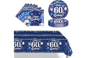 POPOYU 37Pcs Navy Blue Silver 60th Birthday Tableware Set,60th Birthday Napkins Blue and Silver,60th BlueSilver Table Cloth,60thBirthday Paper Plates for Him Her Men Women BirthdayGift Party Supplies