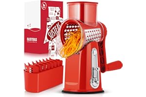 SUSTEAS Rotary Cheese Grater,Vegetable Slicer with 5 Interchangeable Blades,Strong Suction Base,Rotary Drum Grater&Food Shredder for Kitchen,with Blade Storage Box-Ideal for Cheese,Cucumber,Carrot,Nut