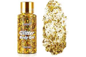 BIEYOC Body Glitter Gel, Glitter Holographic Chunky Gel, Mermaid Sequins Körperglitzer,Glitzer Flüssiger Lidschatten für Gesicht Haare Lippen Nägel Make Up Kosmetik Festival,30g (golden)