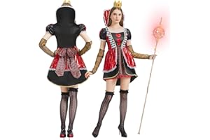 WELLCHY Disfraz Reina Corazones, Disfraz Reina Corazones Mujer, Disfraz Reina Mujer con Corona y Medias para Fiestas, Carnaval y Halloween