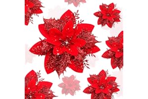YSUVIN Fiori di Natale Decorare, 10 Pcs Rosso Albero di Natale Decorazioni Glitter Fiore di Natale, Fiori Artificiali di Natale con 10 Pcs Clip per Natale Matrimonio Festa Capodanno (14cm)