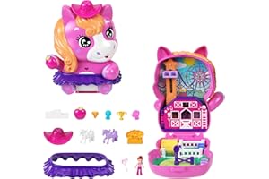 Polly Pocket Poni rodeo Estuche, conjunto de juego y muñecos, juguete de viaje con 1 muñequita, caballos, comida y accesorios de moda, JCR39