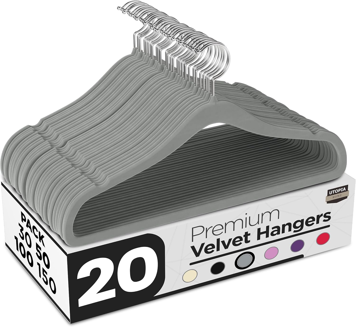 Utopia Home Premium Perchas de Terciopelo Antideslizantes, Duraderas Perchas Negras con Gancho Giratorio de 360 Grados Percha de Gran Resistencia (Gris, Paquete de 20).