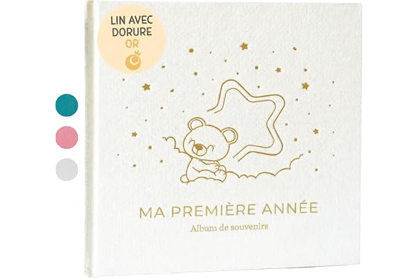 Livre de Naissance Bébé Ma Première Année avec Couverture en Lin naturel et 75 Pages + Autocollants, Livre Souvenir Bébé pour Coller des Photos et Écrire, Album Photo Bebe idéal comme Cadeau Naissance