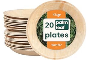 HAAGO 20 Round Eco-Friendly Palm Leaf Plates - Disposable & Compostable Like Wooden & Bamboo Starter, Dessert & Side Plates for Hot & Cold Food, Microwave & Freezer Safe - 15cm/6" Biodegradable Plate
