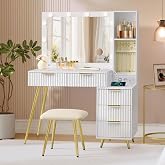 VASAGLE Vanity with Stool and Lighting, Socket Strip | Maxe RVT020WB01 Mirror with Magnification 10 x 9 Drawers, 110 x 40 x 1