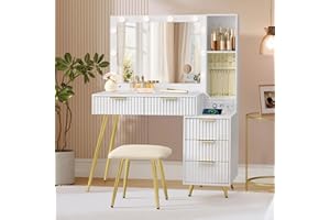 VASAGLE Schminktisch mit Hocker und Spiegel, Frisiertisch mit Schubladen, Kosmetiktisch, 10x Vergrößerungsspiegel, LED-Leuchten, Schmucktablett, Ladestation, 40 x 110 x 135 cm, wolkenweiß RVT020WB01