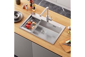 Anycee 70x45 cm Lavello Spazzolato, Lavello in Acciaio Inossidabile con Sgocciolatoio, Lavello Incasso con Sifone e Tubo Troppo Pieno Adatto Per Piani Lavoro Larghezza Superiore a 80 cm