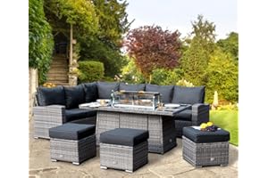 GOODS EMPORIUM Rattan Garden Furniture with Fire Pit Table - Premium Series - 9 Seater Outdoor Furniture Rattan Corner Sofa Corner Garden Dining Sets - FREE RAIN COVER (Grey, Left Hand - Firepit Table)