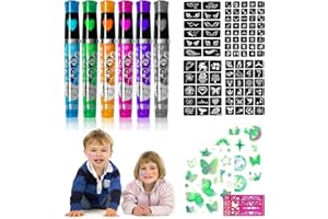 Clundoo Długopisy do tatuażu, 6 kolorów, 9 szablonów, zestaw brokatowych tatuaży dla dzieci, dla chłopców i dziewczynek, na Halloween