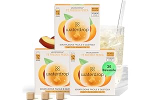 WATERDROP MICRODRINK waterdrop® Tè Freddo alla PESCA, 36 cubetti per acqua Microdrink, insaporitore acqua, Tisane a freddo senza zucchero Con Vitamina C & B3, Bevanda Analcolica, The Nero, Ice Tea