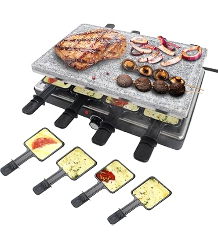 Cecotec Raclette Cheese & Grill 16000 Inox Black, 8 personen, 1400 W grill, 40 x 22 cm, instelbare thermostaat, anti-aanbakplaat, inclusief 8 pannen en 8 spatels