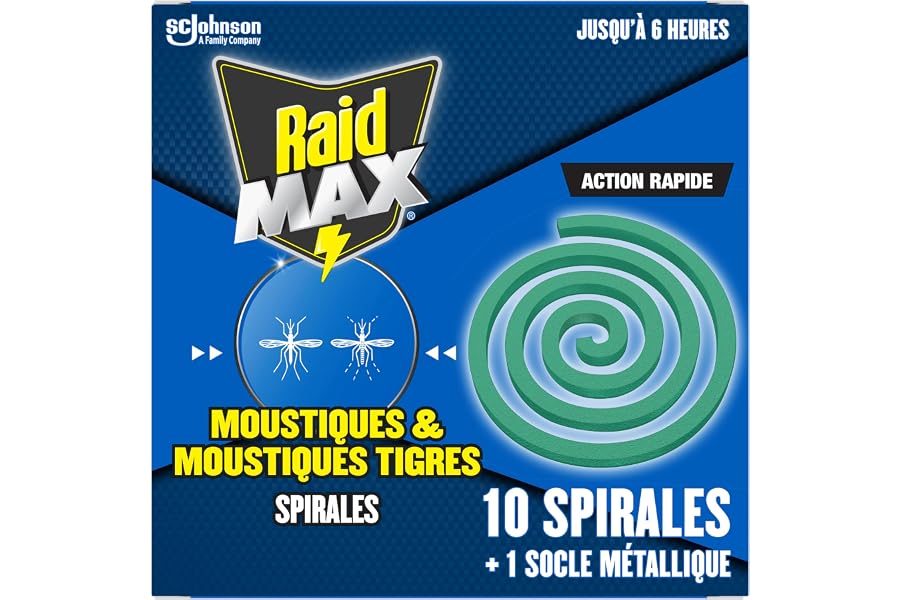 Raid Max Spirales - Anti-Moustiques & Moustiques Tigres - Action Rapide - Protection Efficace En Extérieur - 10 Spirales + 1 