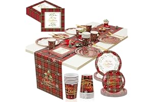 Nuenen Set di Stoviglie per Feste di Natale da 61 Pezzi Stoviglie Natalizie Usa e Getta a Quadretti per 12 Ospiti Tovaglia da 274 x 30 cm Tovaglioli Piatti e Tazze di Carta da 7/9 Pollici