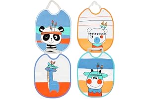 Ti TIN | Lot de 4 Bavoirs Éponge Imprimé Imperméable, 23x28 cm | 73% Coton - 27% Polyester - Bavoirs Bébés 6 à 12 mois - Fermeture Élastique - Doublure Vinyle - Motif Animaux - Multicolore - 140gr/m²
