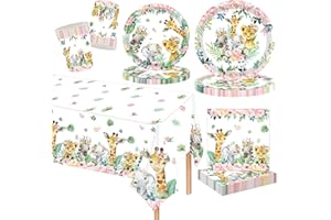 MORAINJAY 69Pcs Animal Party Decorations, Jungle Theme Birthday Paper Plates, Paper Cups, Napkins, Tablecloth for 16 Guests