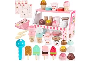 Lovchil Wooden Ice Cream Set for Kids, More Pcs Wooden Role Play Ice Cream Shop Play Food Kitchen Toy Imaginative Toys Gift for 3 4 5 6 7 Year Old Girls & Boys, Christmas