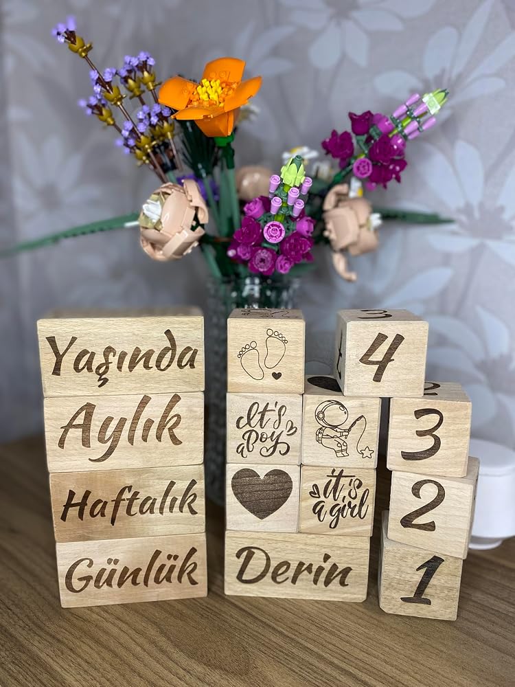 İsme Özel Tasarım Bebek Anı Küpleri, Ahşap El Yapımı 5'li Set, Kişiselleştirilmiş İsimli Dekoratif Bloklar, Lazer Kazımalı Günlük-Haftalık-Aylık-Yaşında Takip Küpleri