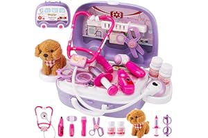 HYAKIDS Kit Veterinario Bambini Giocattolo, Set Valigetta Dottore con Peluche Cane e Luci e Suoni, Giochi di Imitazione, Regalo per Ragazze Ragazzi 3 4 5 Anni