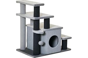 PawHut Dog Steps for Bed, 4 Step Pet Stairs with Cat House, Detachable Cover, Jute Scratching Post, Cat Climb ladder for Sofa w/Hanging Balls - Grey