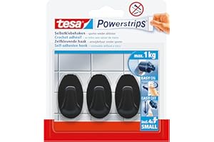 Tesa Powerstrips Crochets Adhésifs Ovale - 3 x Crochets Muraux Autocollants - Accessoire Salle de Bain et Porte-serviette - Fixation Sans Percer - Force de Maintien de 1 kg - Noir