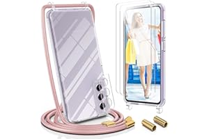 UYMO Funda con Cuerda para Samsung Galaxy S21 FE 5G, Case para Anti-Caída con Cordón, Correa Colgante Ajustable Collar Correa de Cuello Cadena Cover, con 2 Protector de Pantalla，Oro Rosa