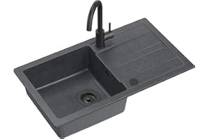 QUADRON IMAGINE YOUR KITCHEN QUADRON Lavello da cucina in granito | Dimensioni 77 x 44 x 17,6 cm Molto nero | Lavello GO MAX Lavello da incasso con rubinetto da cucina | Lavello a vasca singola Lavello da cucina