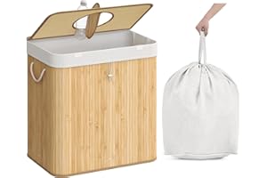 ‎SONGMICS SONGMICS 120-litrowy kosz bambusowy do recyklingu butelek z otworem, pokrywką, wewnętrzną torbą z uchwytami, do kuchni, naturalny beż RRB012Y01