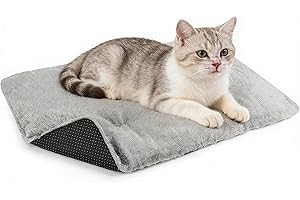Wsetyy Self Heating Cat Bed Heated Cat Blanket, Self Warming Mat for Cats Puppy Small Dogs, Thermal Pet Small Puppy Heated Pad for Indoor, Plush Soft & Fluffy & Washable, 70 x 45cm (Grey, M)