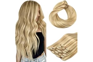 ‎HOTBANANA hotbanana Clip In Extensions Echthaar, Light Blonde Highlighted Golden Blonde (Grauton) Clip in Hair Extensions Real Human Hair Straight Remy Echthaar Extensions Clip 45cm 120g 7pcs