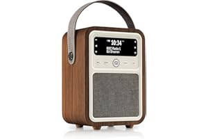 VQ Monty Radio DAB Plus/DAB avec Bluetooth, FM et Radio Réveil Fonction - Alimentée par Secteur et Batterie Radio Portable avec Antenne, Prise Casque et Port de Charge USB - Noyer